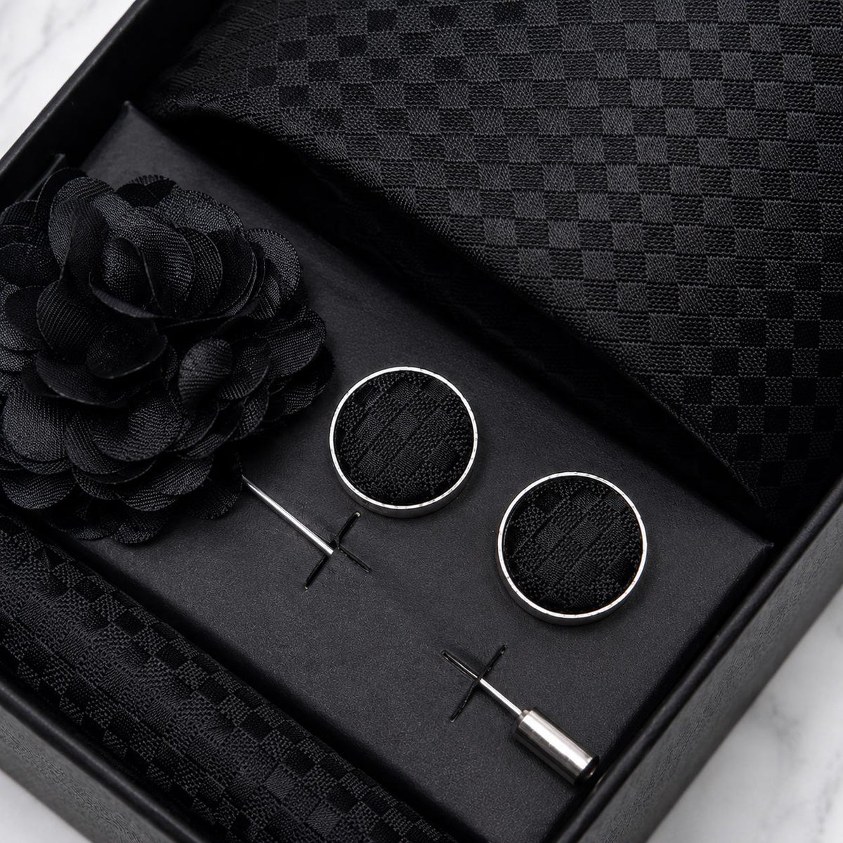 Black Tonal Check Silk Tie Set / 4-Piece