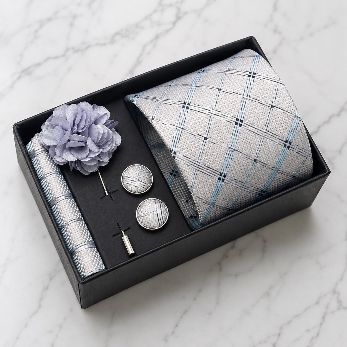 Silver Grey, Black & Pale Blue Plaid Silk Tie Set / 4-Piece