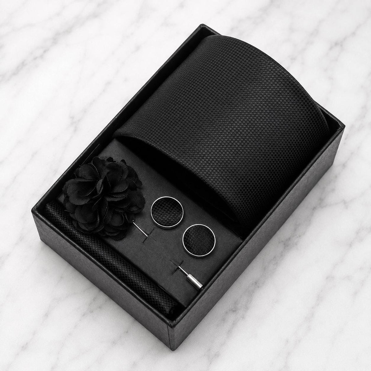 Black Textured Silk Tie Set / 4-Piece