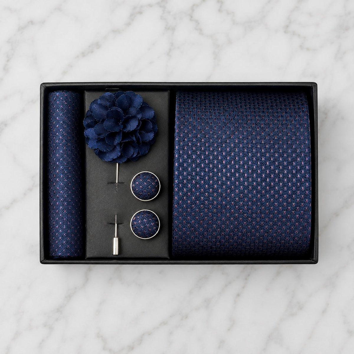 Navy Blue & Micro Burgundy Pattern Silk Tie Set / 4-Piece