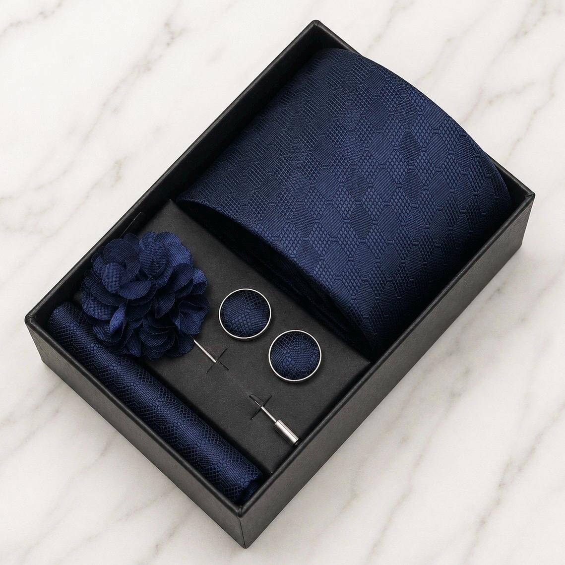 Navy Blue Tonal Diamond Silk Tie Set / 4-Piece