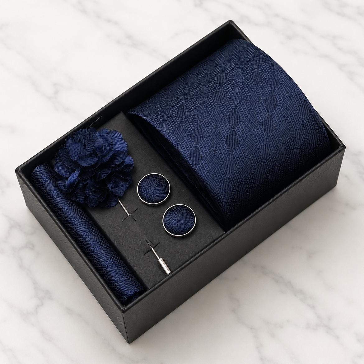 Navy Blue Tonal Diamond Silk Tie Set / 4-Piece