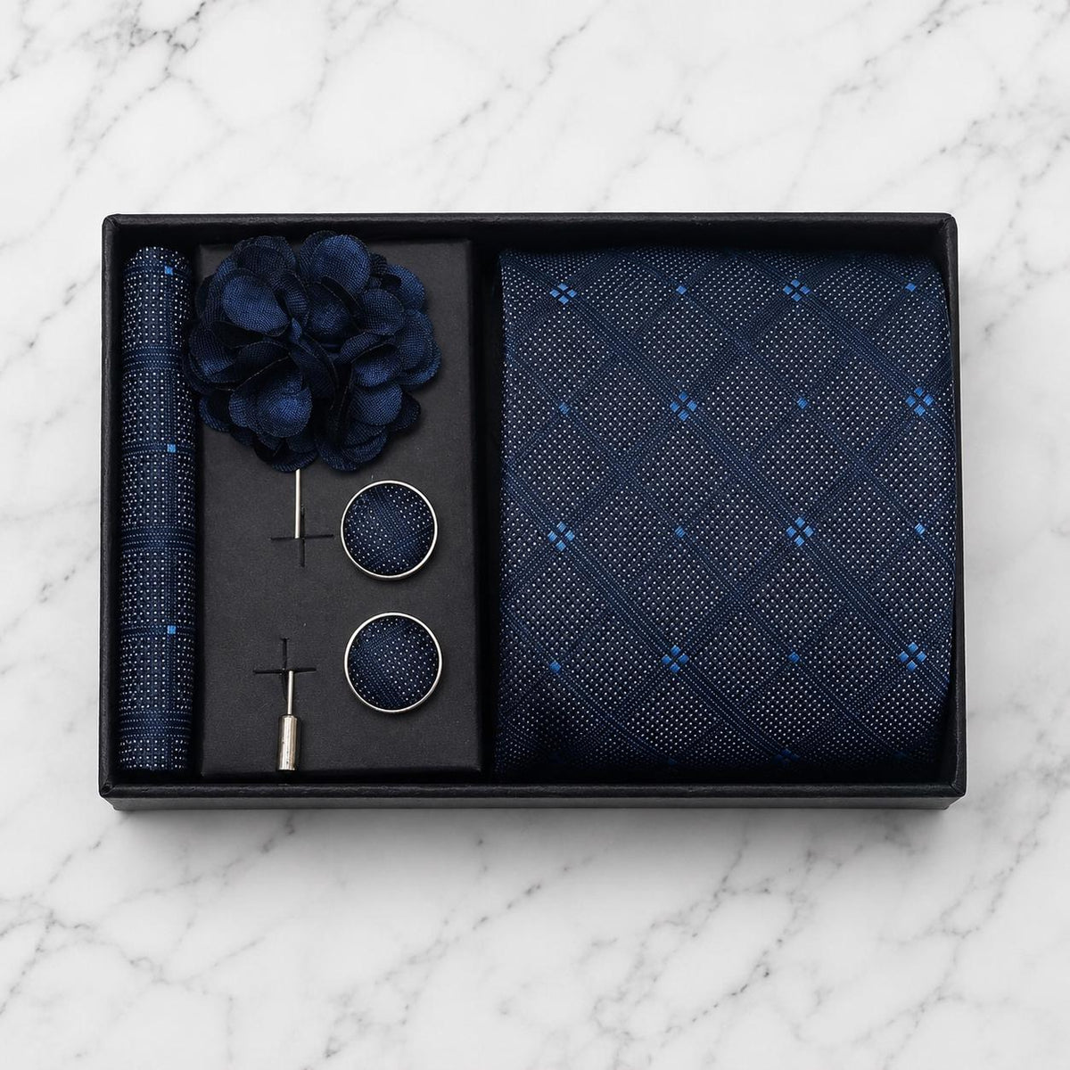 Navy Blue Plaid Silk Tie Set with Light Blue Detailing / 4-Piece