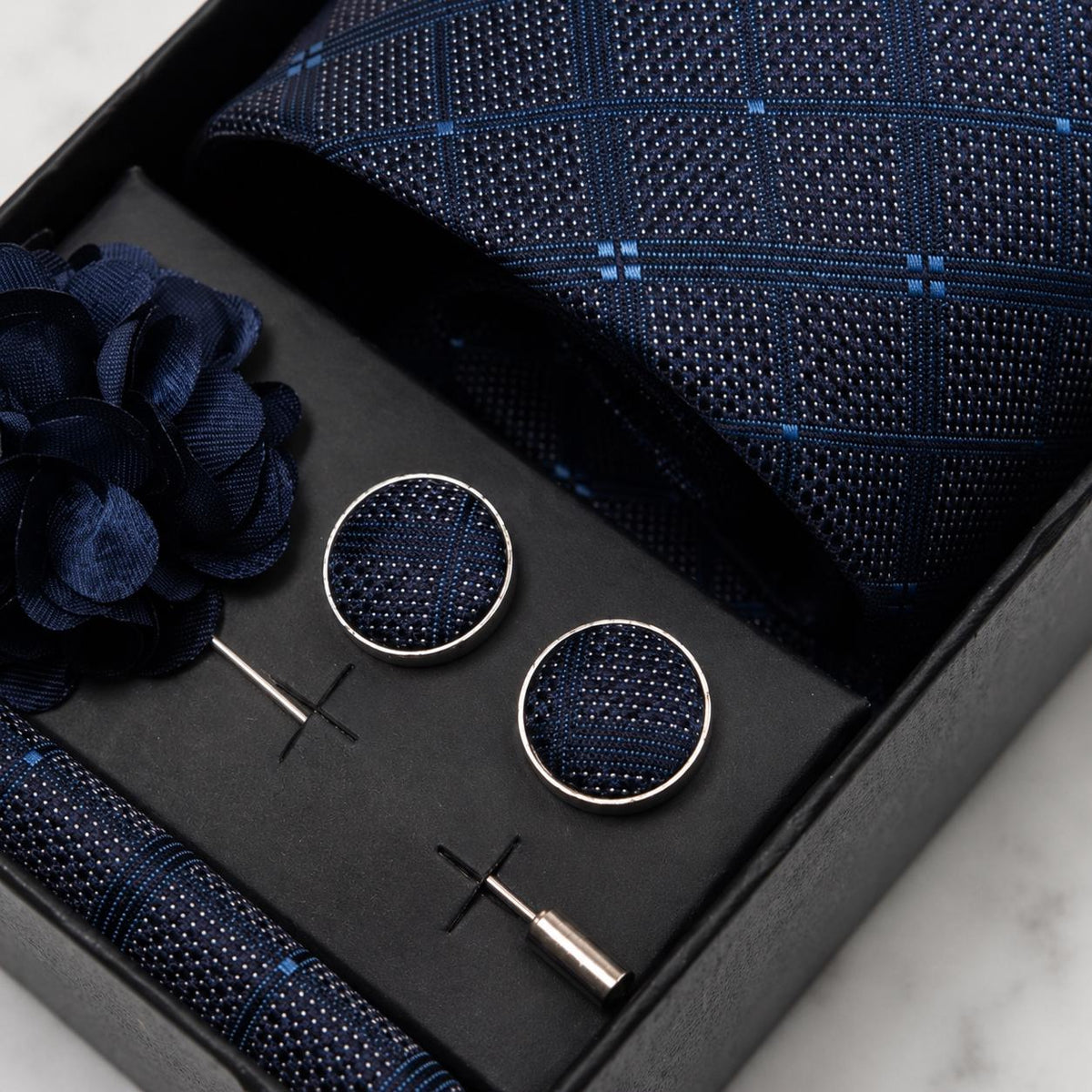 Navy Blue Plaid Silk Tie Set with Light Blue Detailing / 4-Piece
