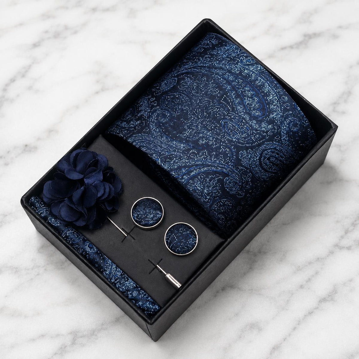 Intricate Navy Blue Tonal Paisley Silk Tie Set / 4-Piece