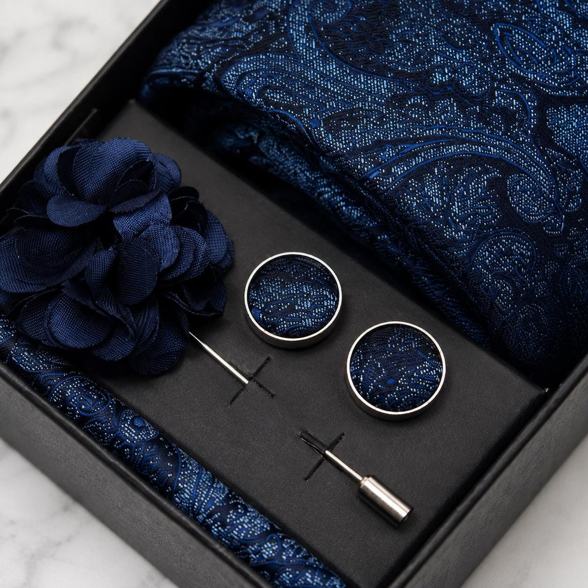 Intricate Navy Blue Tonal Paisley Silk Tie Set / 4-Piece
