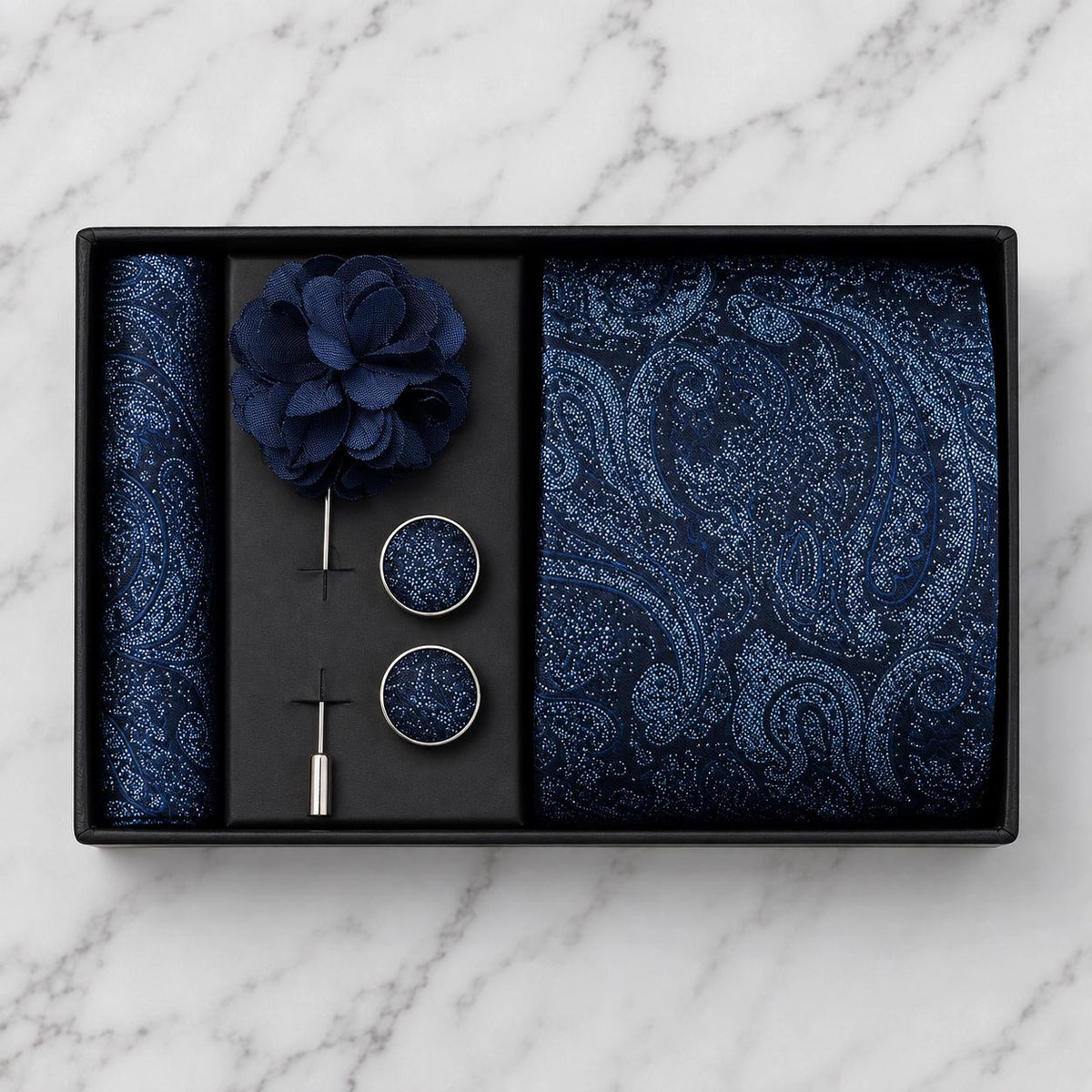 Intricate Navy Blue Tonal Paisley Silk Tie Set / 4-Piece