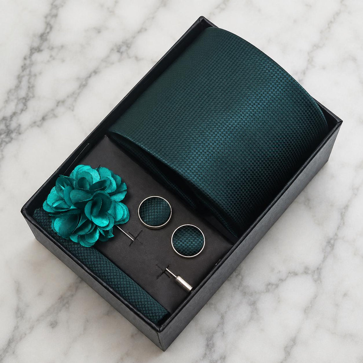 Deep Teal Textured Silk Tie Set / 4-Piece