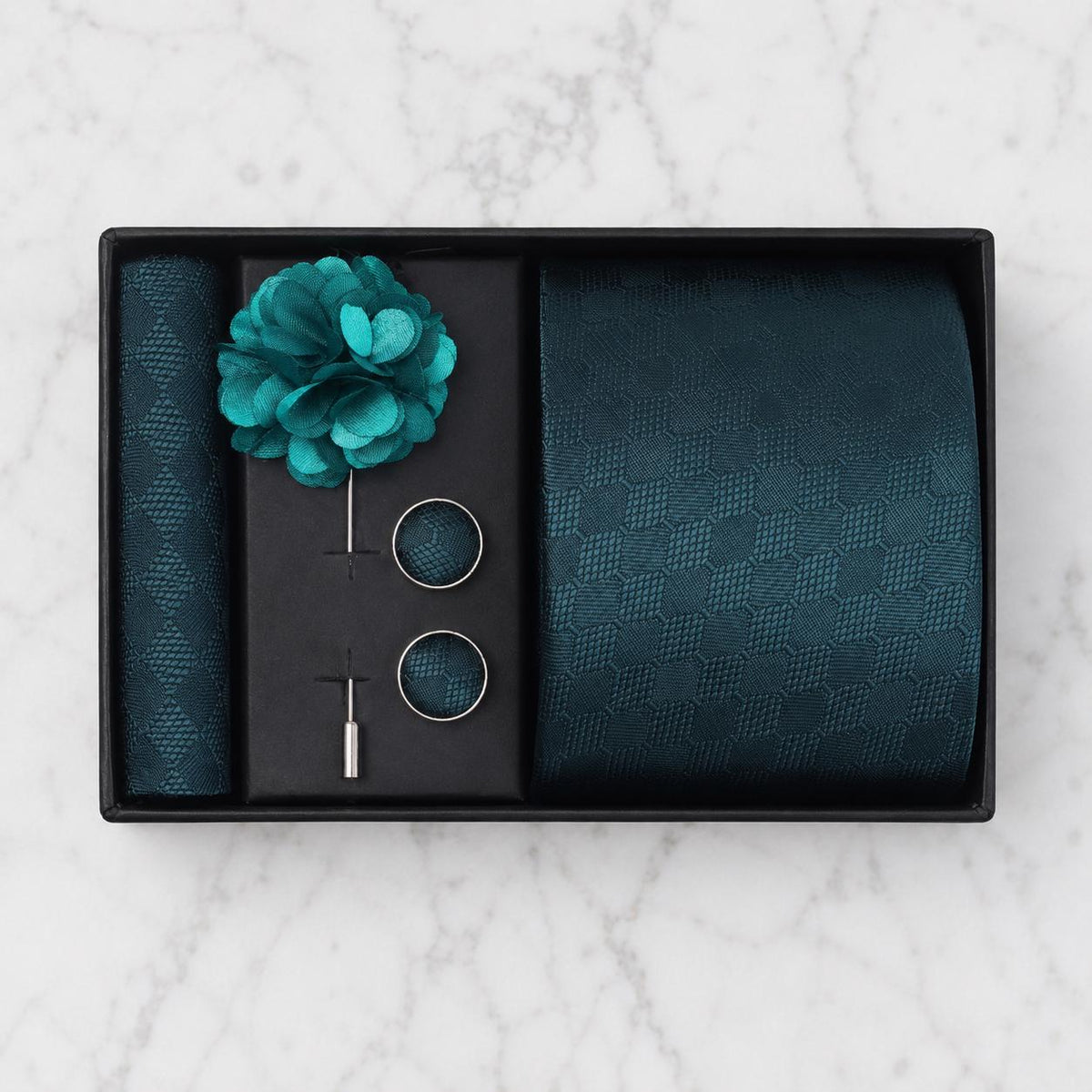 Deep Teal Tonal Diamond Geometric Silk Tie Set / 4-Piece