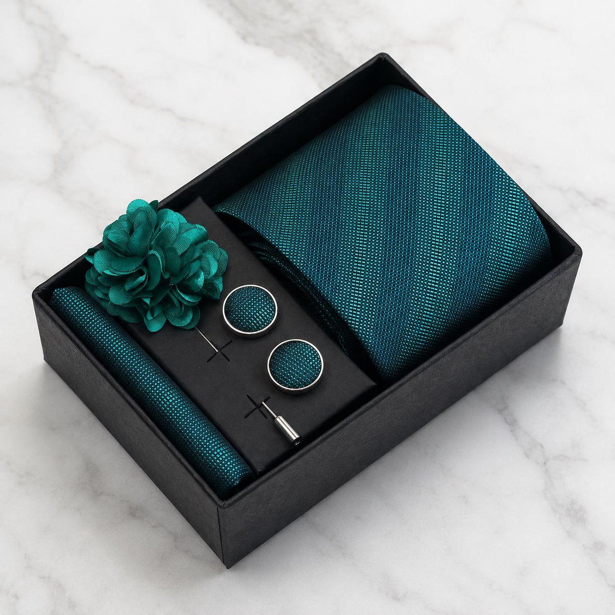 Teal Textured Stripe Silk Tie Set / 4-Piece