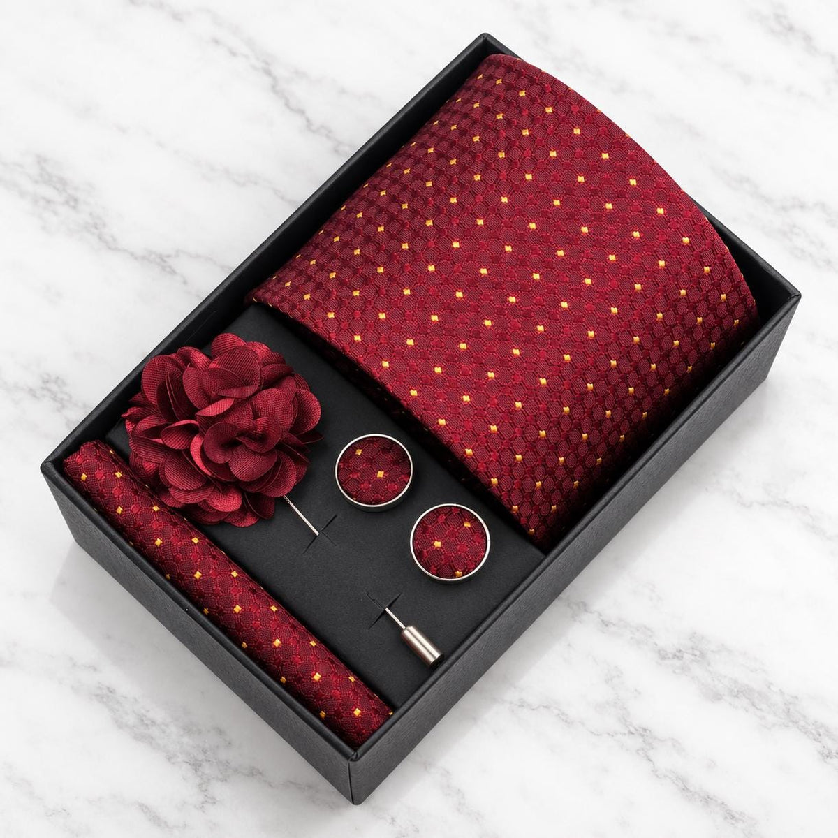 Burgundy & Gold Micro Dot Silk Tie Set / 4-Piece