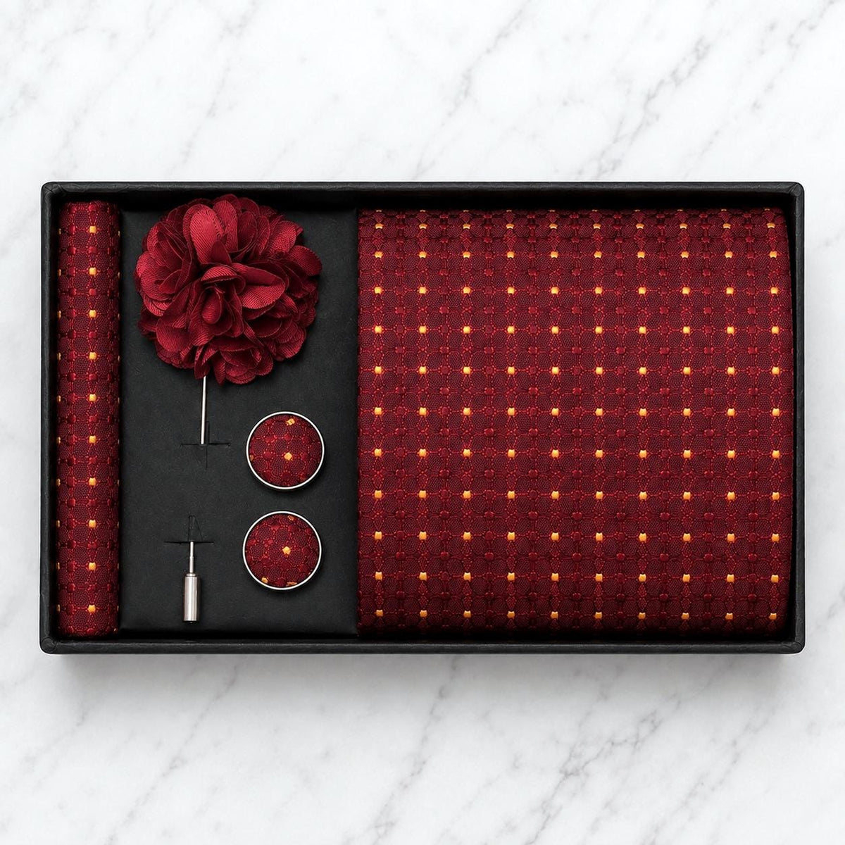 Burgundy & Gold Micro Dot Silk Tie Set / 4-Piece
