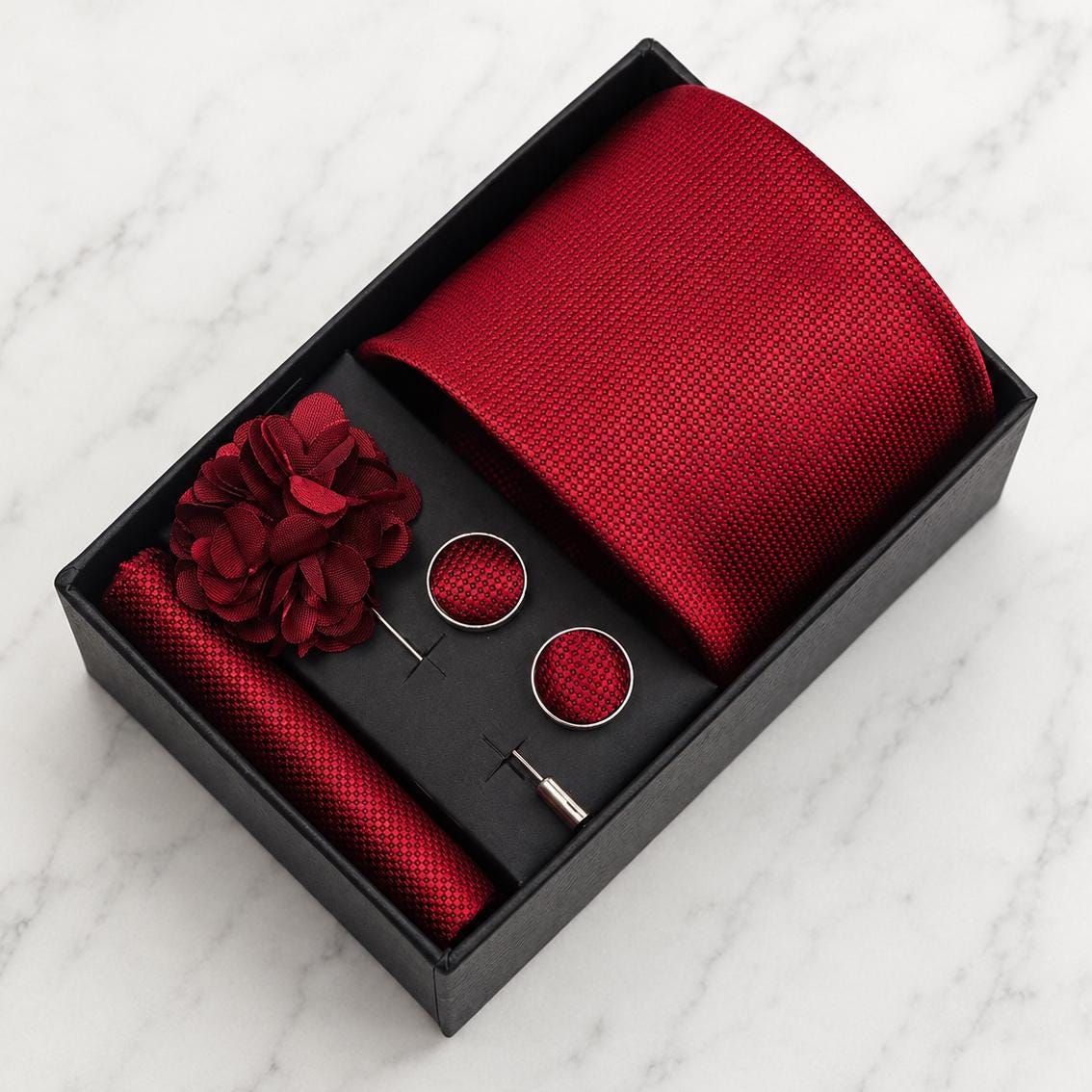 Burgundy Textured Silk Tie Set / 4-Piece