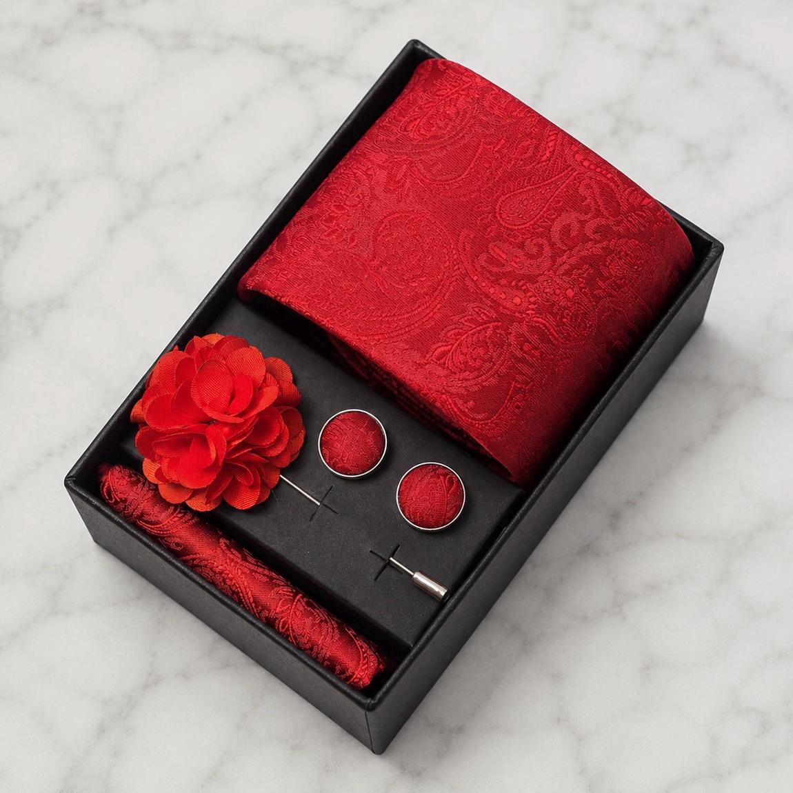 Red Tonal Paisley Silk Tie Set / 4-Piece