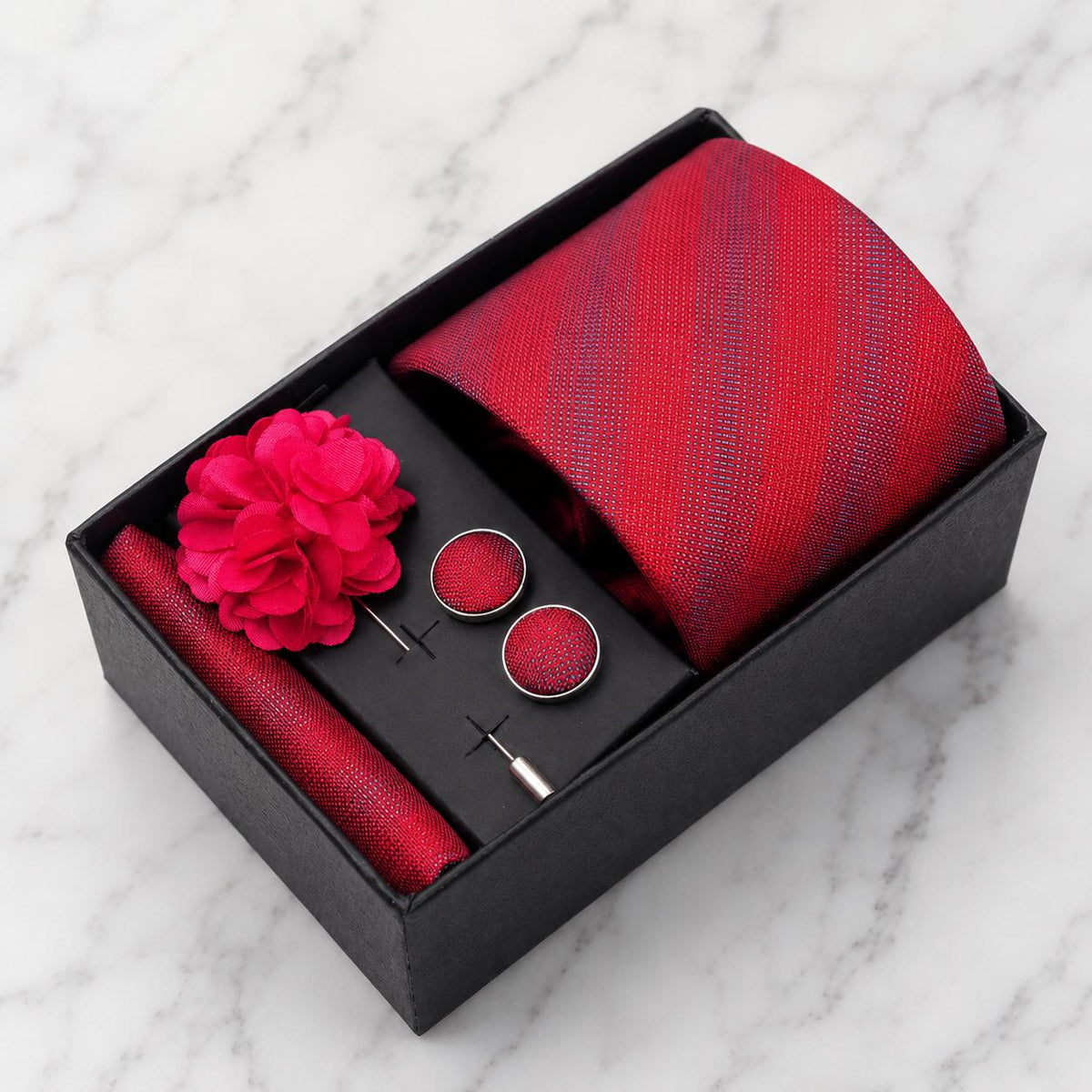 Textured Crimson Red & Soft Navy Stripe Tie Set / 4-Piece