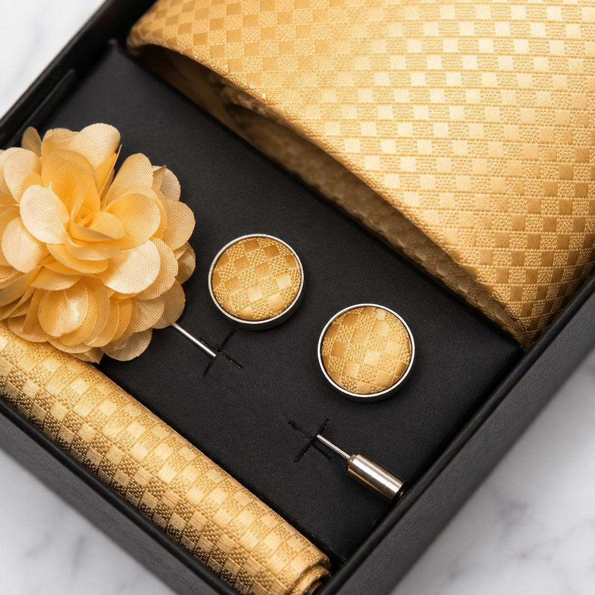 Champagne Gold Tonal Check Tie Set / 4-Piece