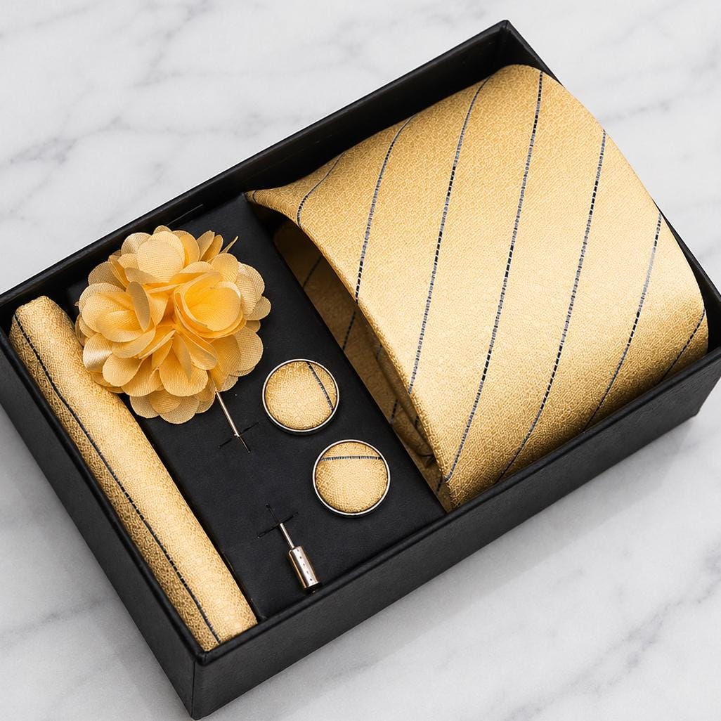 Champagne Gold & Navy Pinstripe Tie Set / 4-Piece