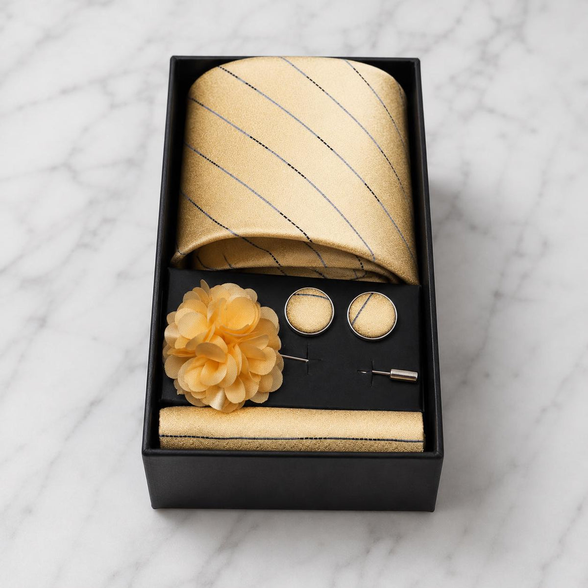 Champagne Gold & Navy Pinstripe Tie Set / 4-Piece