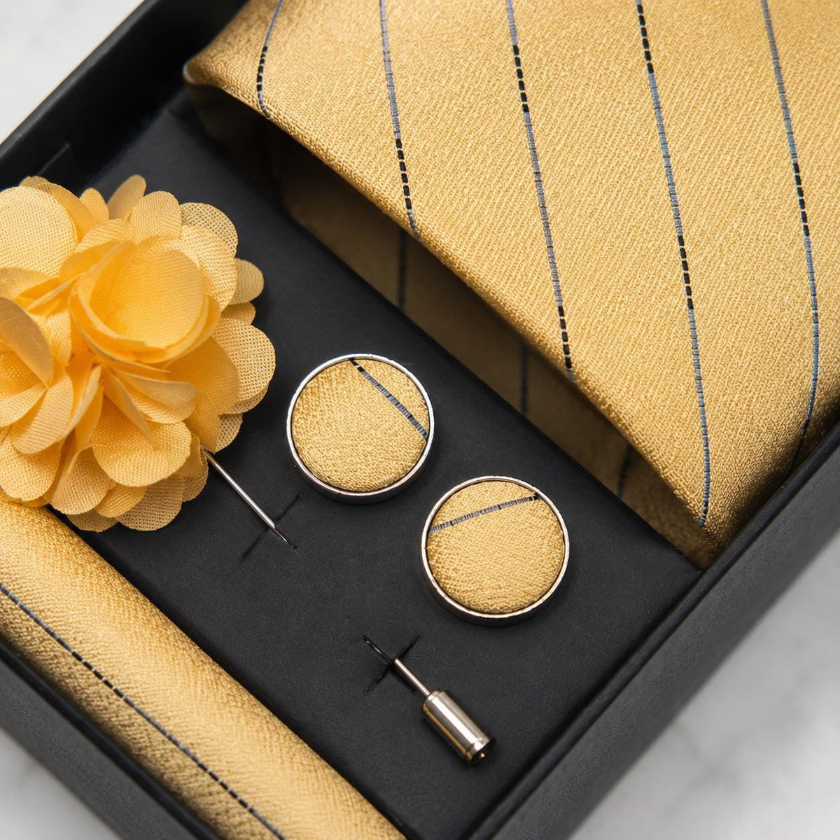 Champagne Gold & Navy Pinstripe Tie Set / 4-Piece