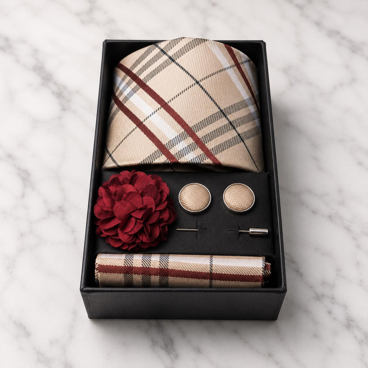 Ivory Plaid Tie Set with Burgundy, Black & White Detailing / 4-Piece