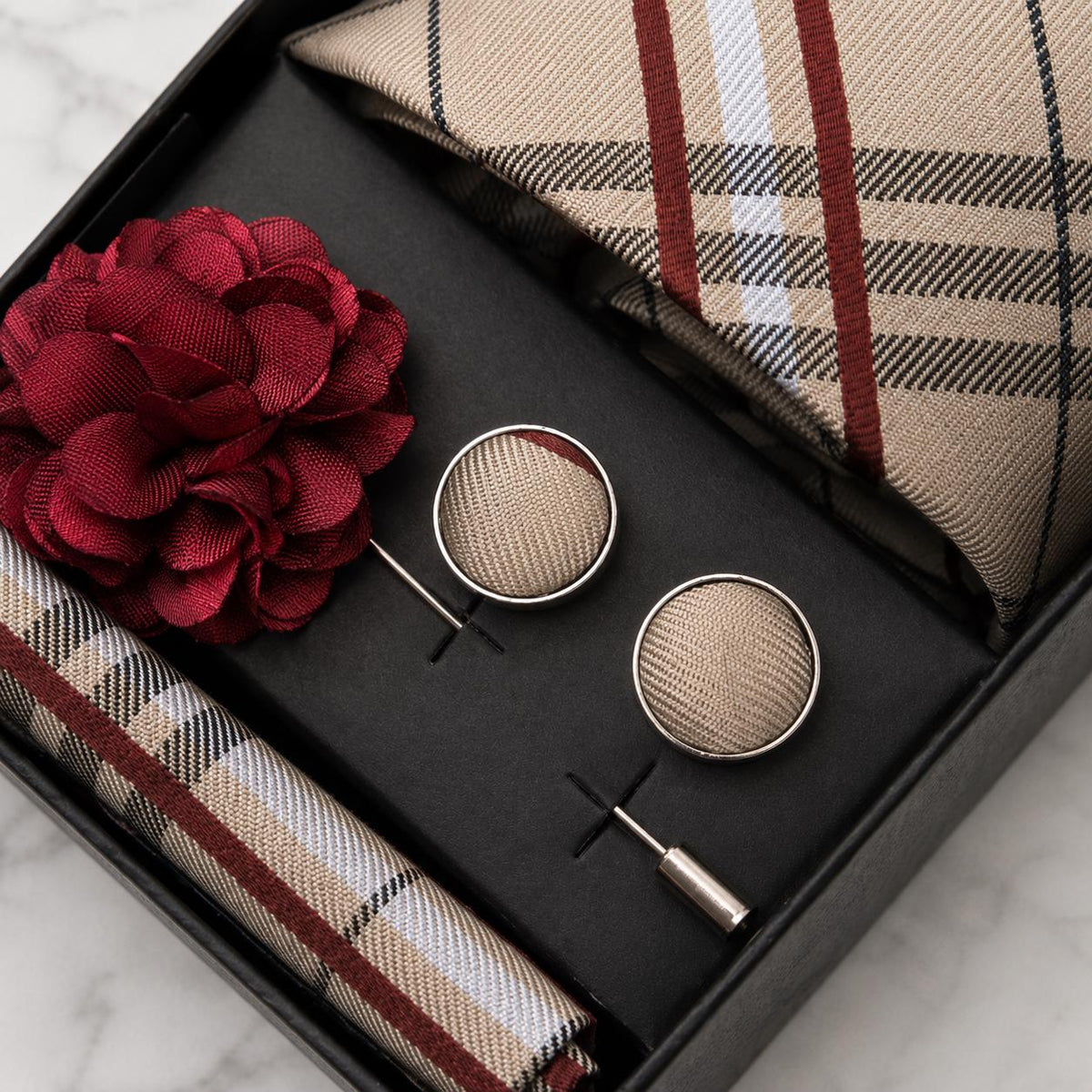 Ivory Plaid Tie Set with Burgundy, Black & White Detailing / 4-Piece