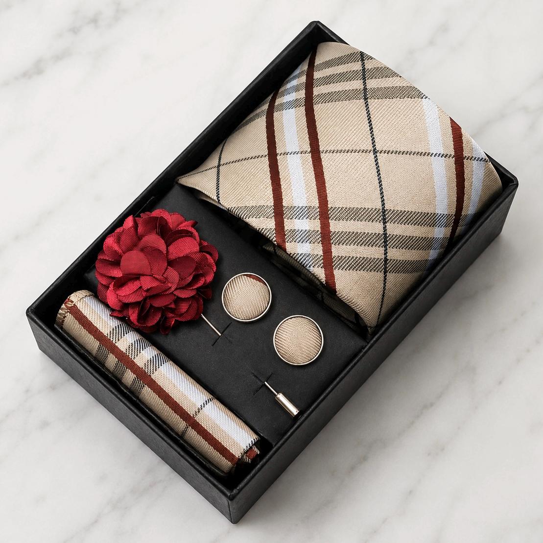 Ivory Plaid Tie Set with Burgundy, Black & White Detailing / 4-Piece