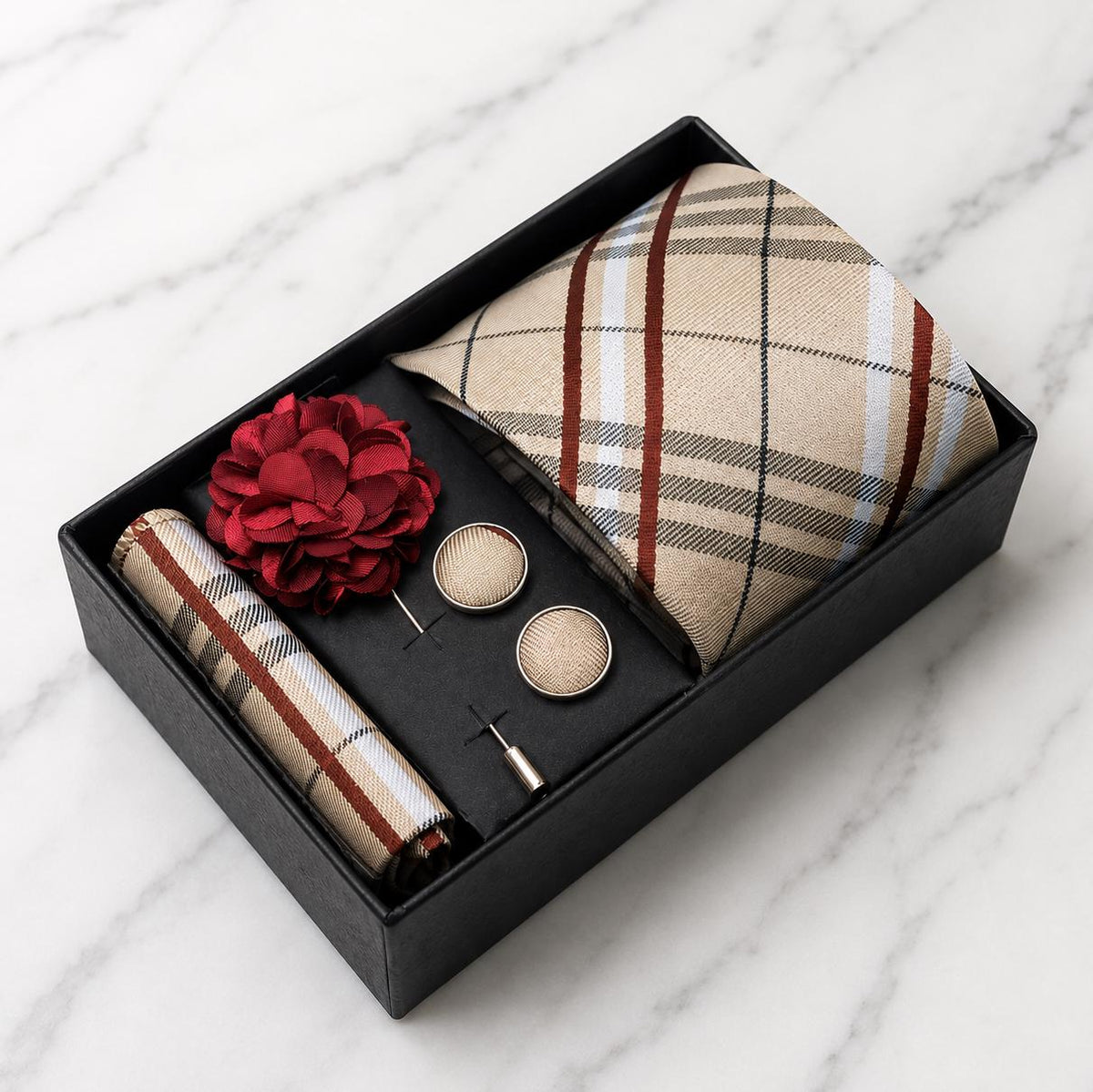Ivory Plaid Tie Set with Burgundy, Black & White Detailing / 4-Piece