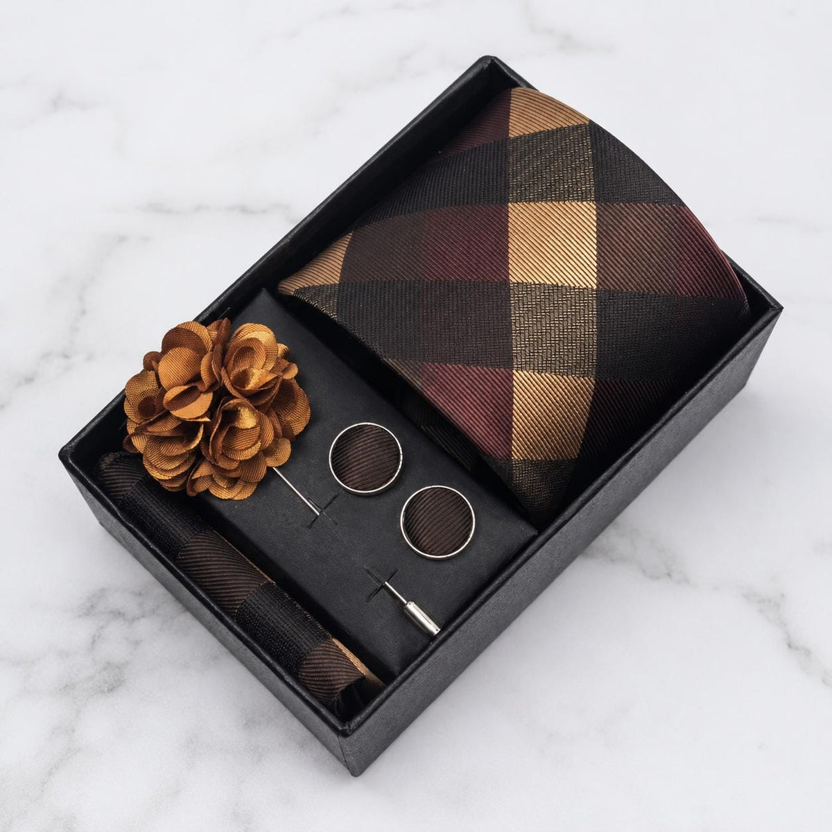 Tonal Brown & Golden Tan Plaid Tie Set / 4-Piece