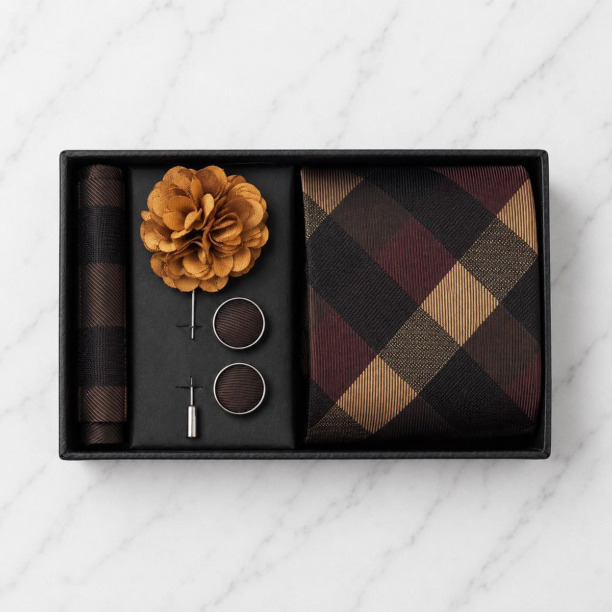 Tonal Brown & Golden Tan Plaid Tie Set / 4-Piece