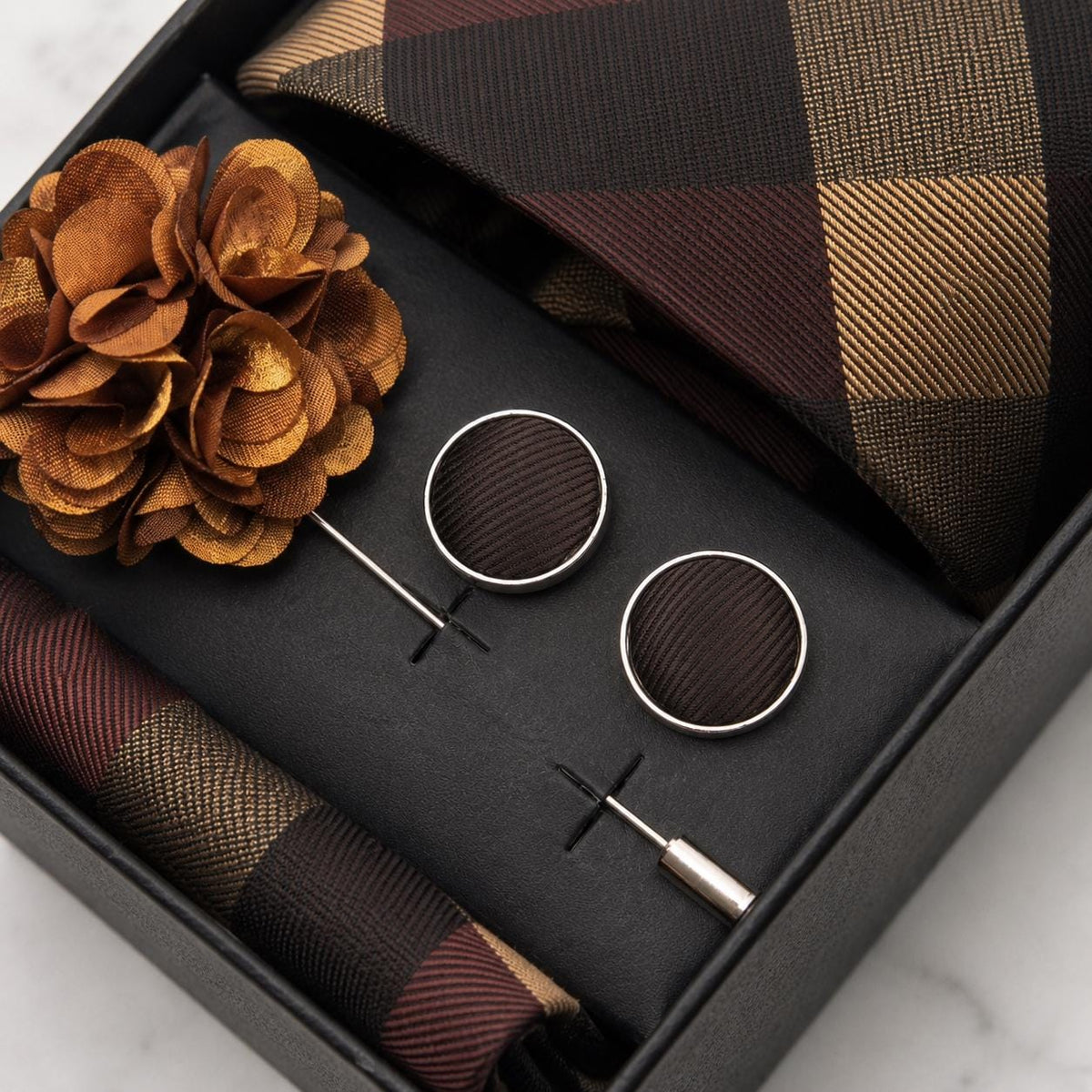 Tonal Brown & Golden Tan Plaid Tie Set / 4-Piece