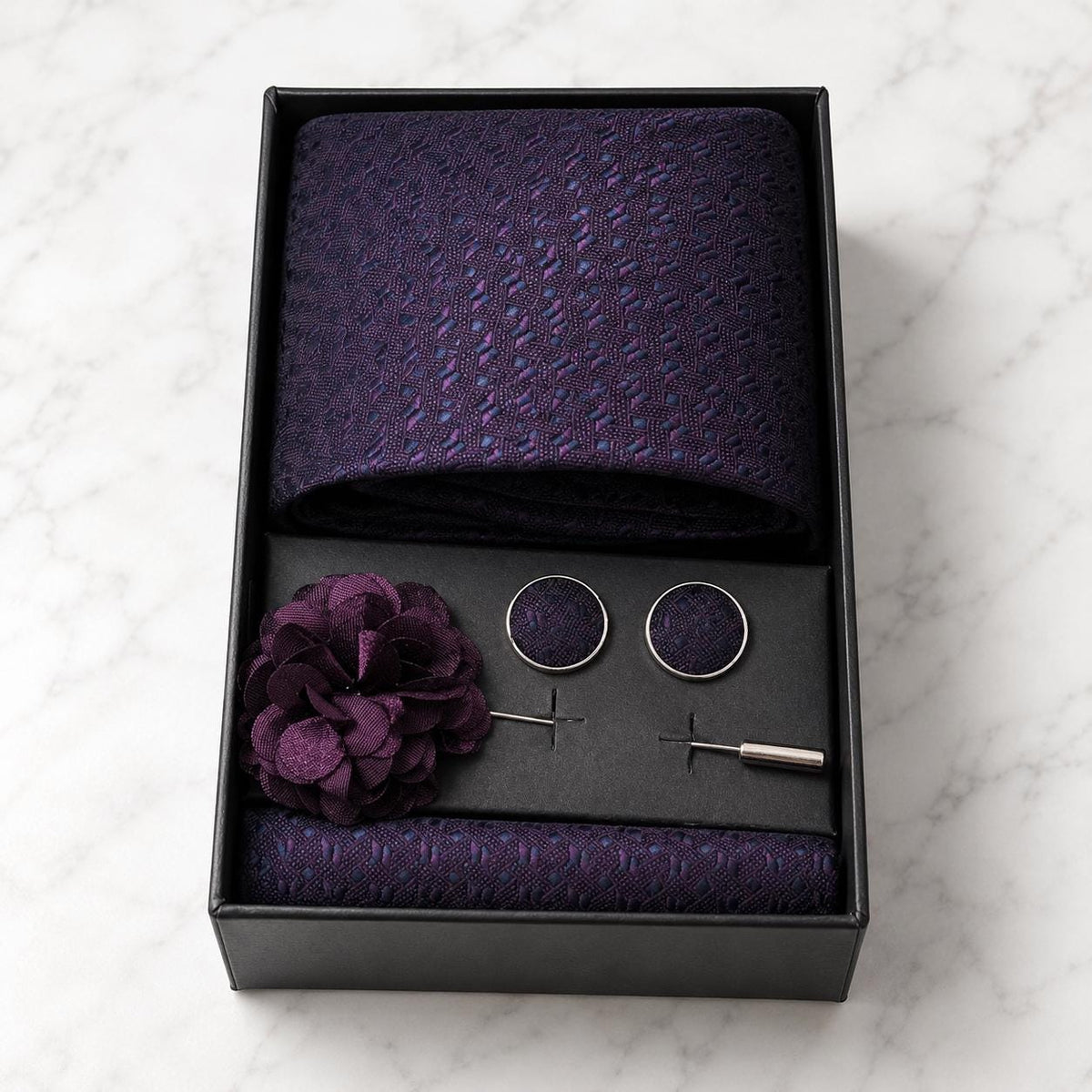 Deep Plum Geometric Micro-Pattern Silk Tie Set / 4-Piece
