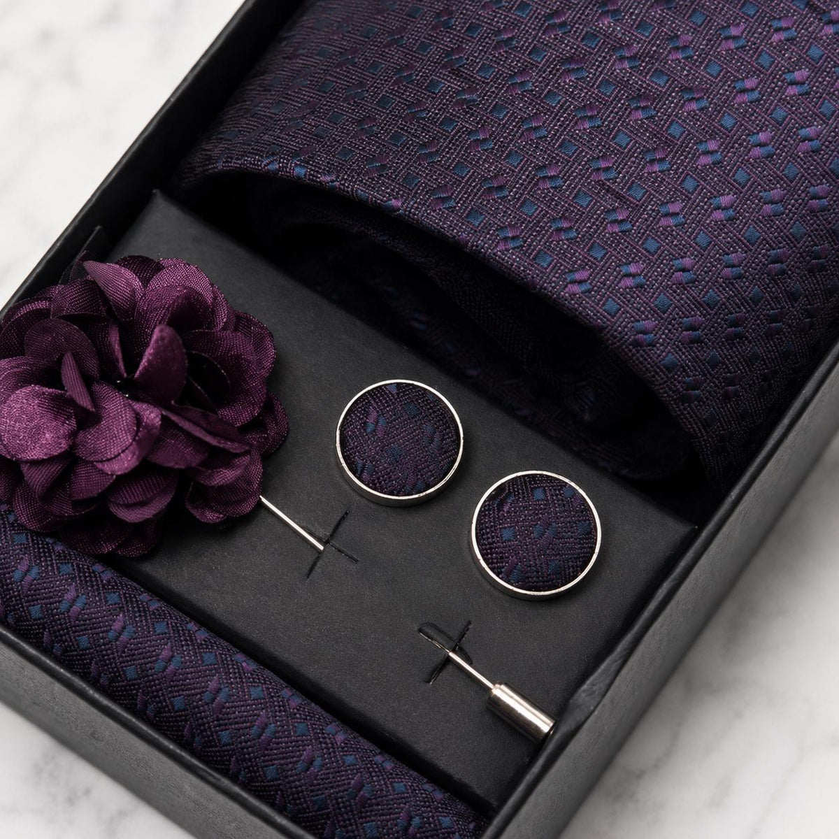Deep Plum Geometric Micro-Pattern Silk Tie Set / 4-Piece