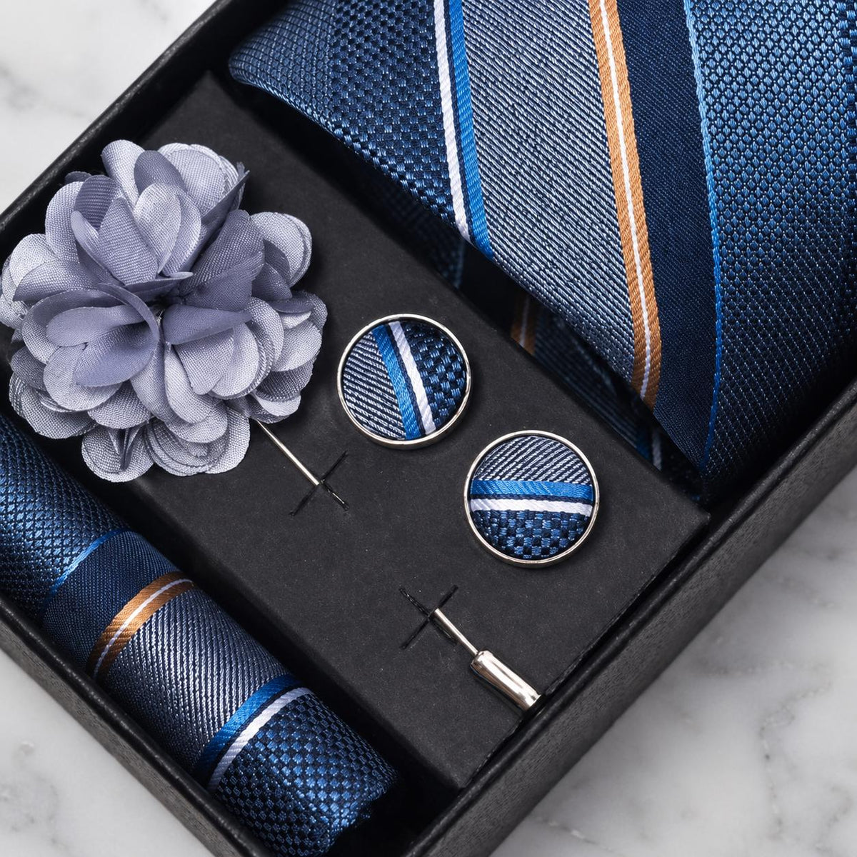 Navy Blue & Copper Striped Silk Tie Set / 4-Piece
