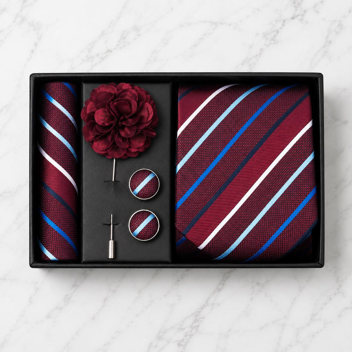 Burgundy, Navy & Light Blue Striped Silk Tie Set / 4-Piece