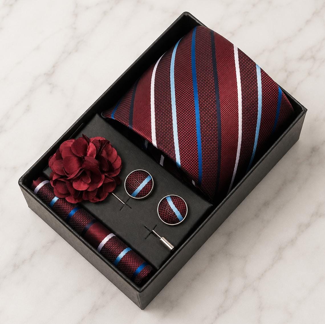 Burgundy, Navy & Light Blue Striped Silk Tie Set / 4-Piece