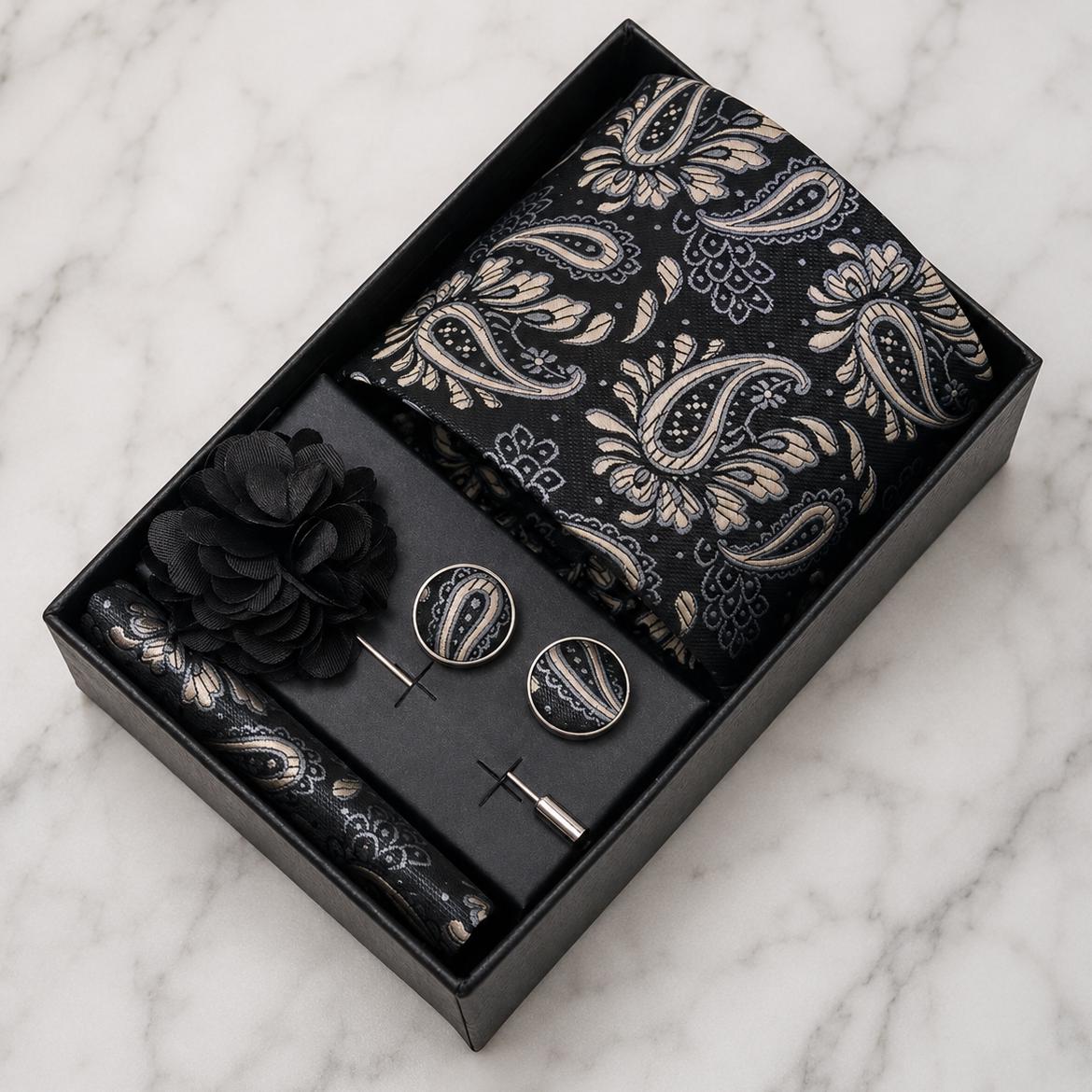 Black, Silver Grey & Champagne Paisley Silk Tie Set / 4-Piece