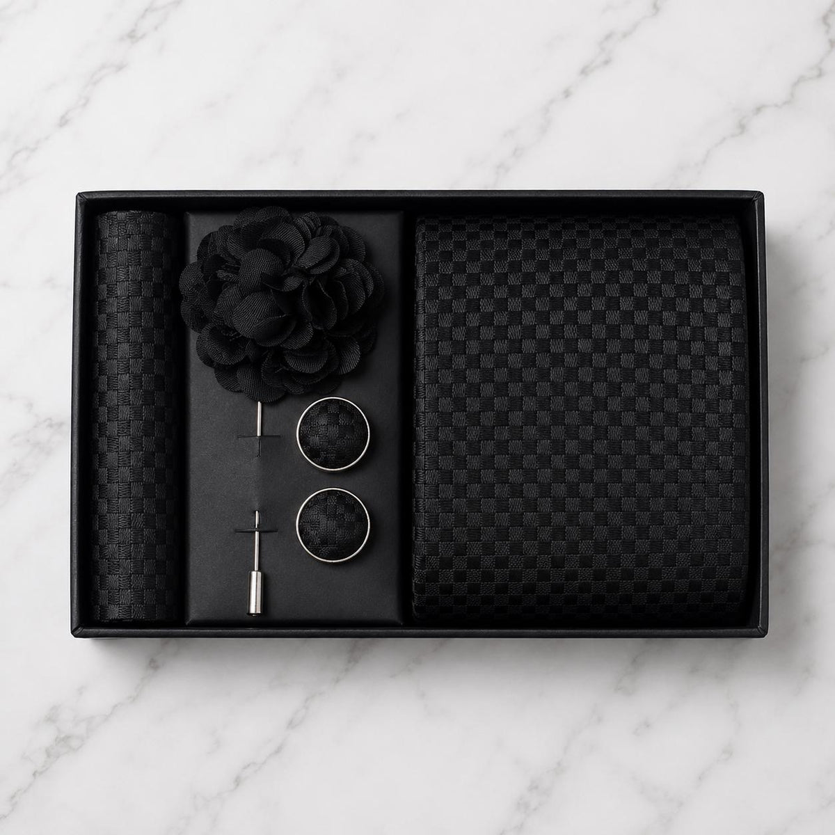Black Tonal Check Silk Tie Set / 4-Piece