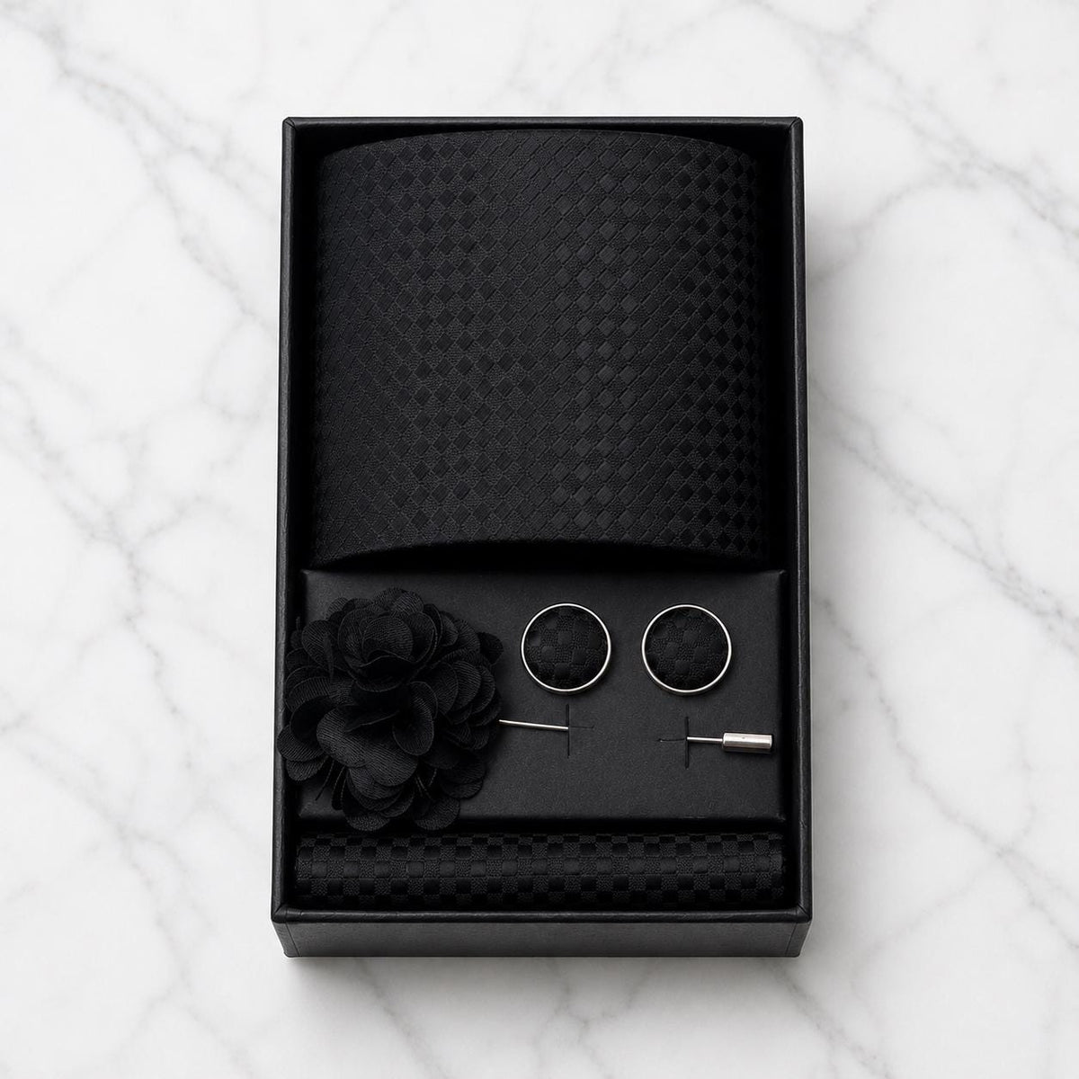 Black Tonal Check Silk Tie Set / 4-Piece