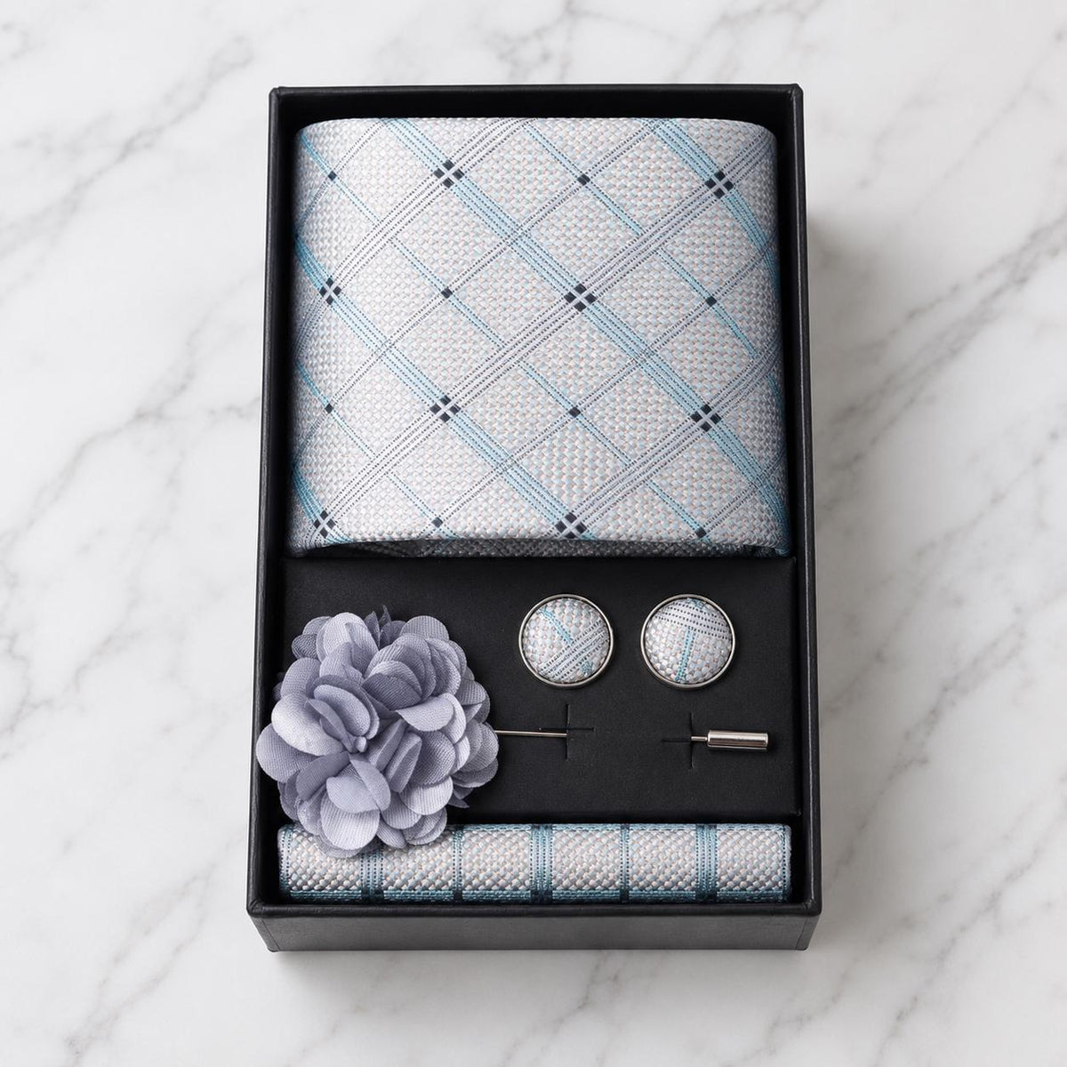 Silver Grey, Black & Pale Blue Plaid Silk Tie Set / 4-Piece