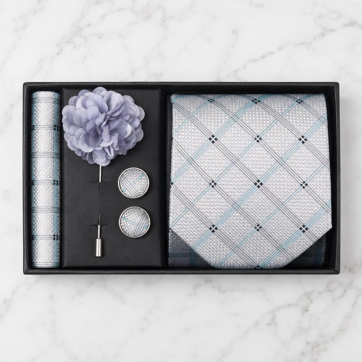 Silver Grey, Black & Pale Blue Plaid Silk Tie Set / 4-Piece