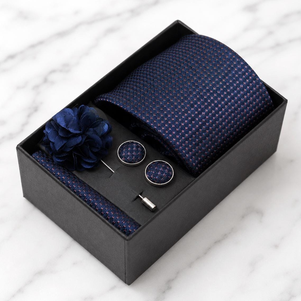 Navy Blue & Micro Burgundy Pattern Silk Tie Set / 4-Piece