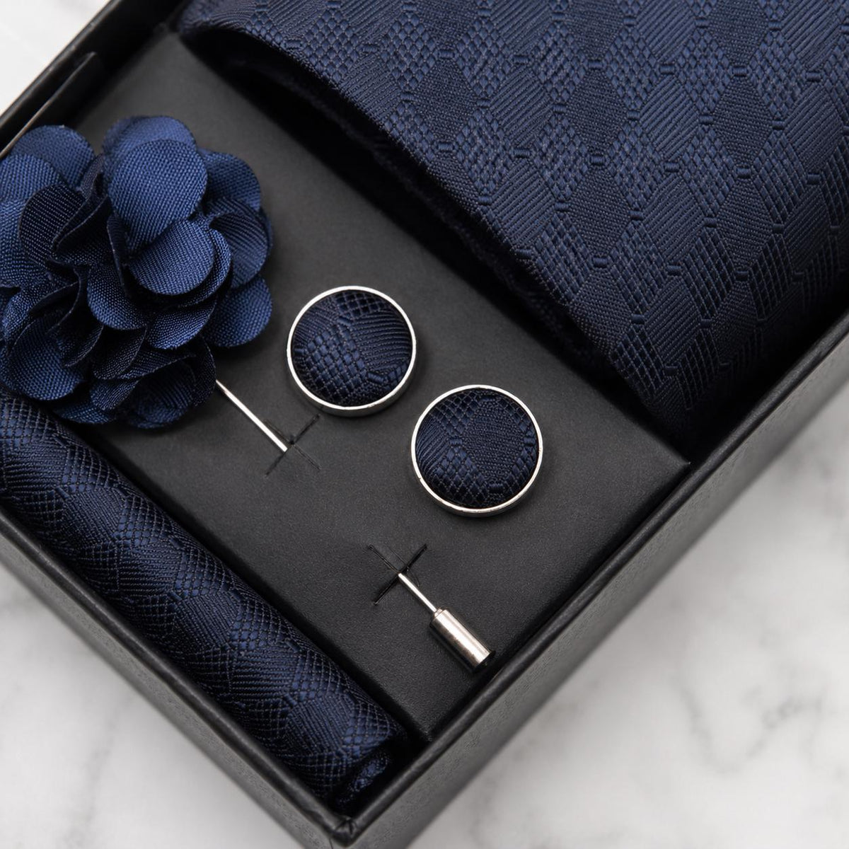 Navy Blue Tonal Diamond Silk Tie Set / 4-Piece