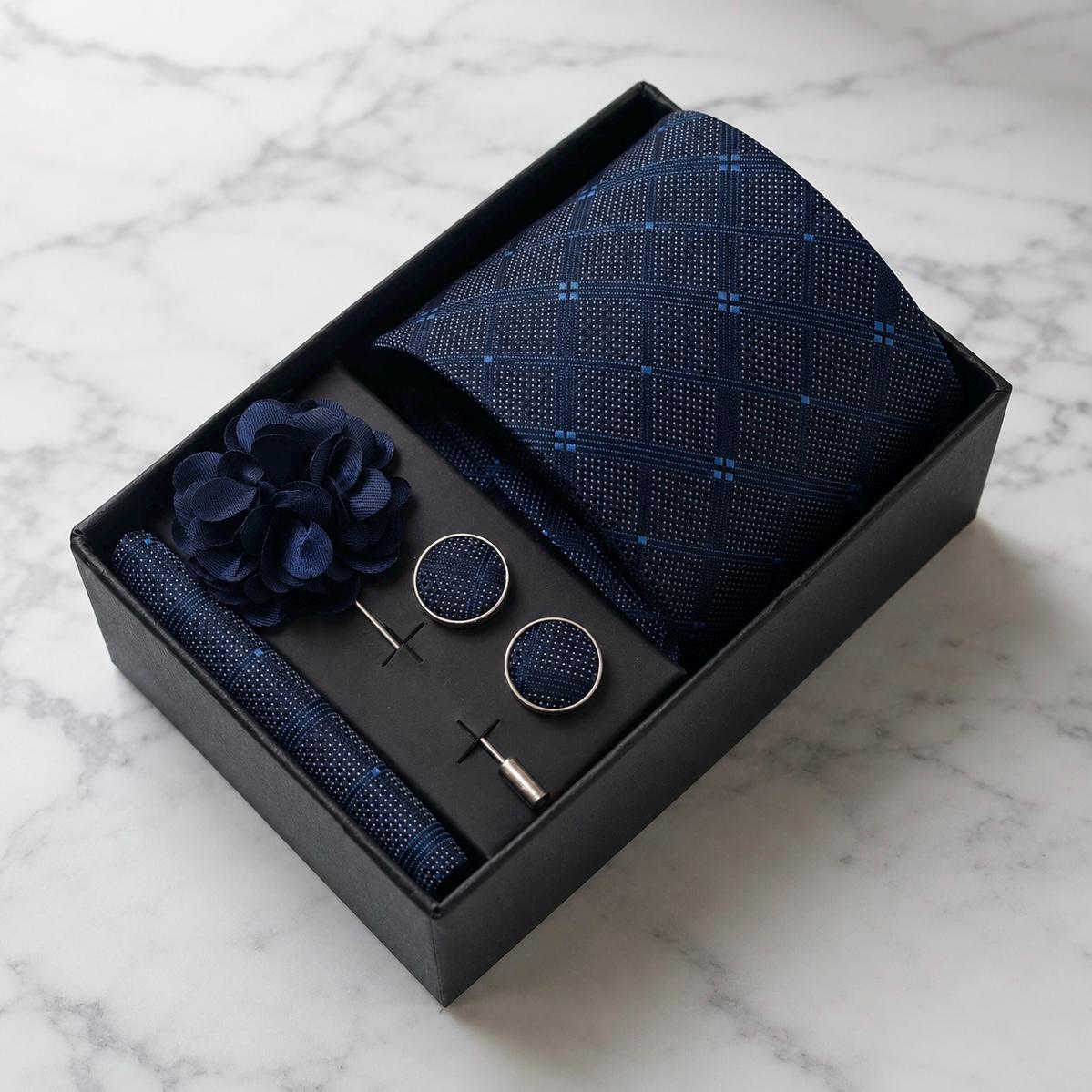 Navy Blue Plaid Silk Tie Set with Light Blue Detailing / 4-Piece