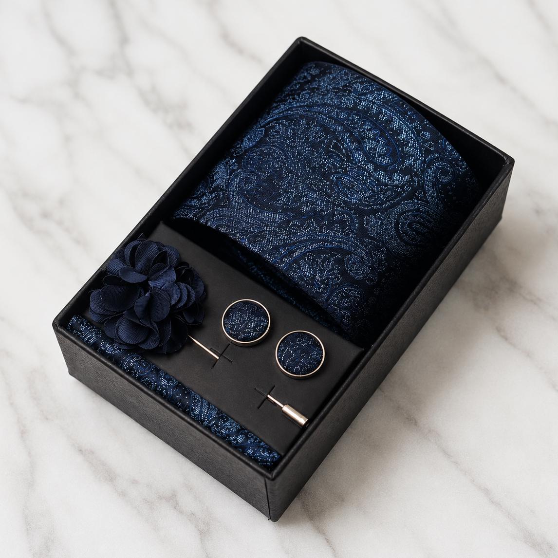 Intricate Navy Blue Tonal Paisley Silk Tie Set / 4-Piece