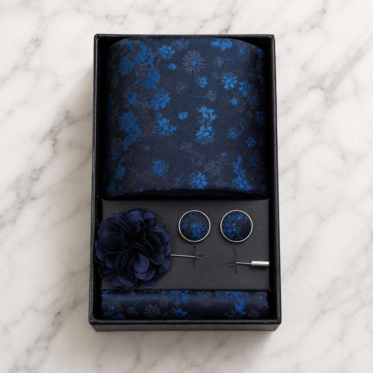 Lustrous Navy Blue & Royal Blue Floral Silk Tie Set / 4-Piece