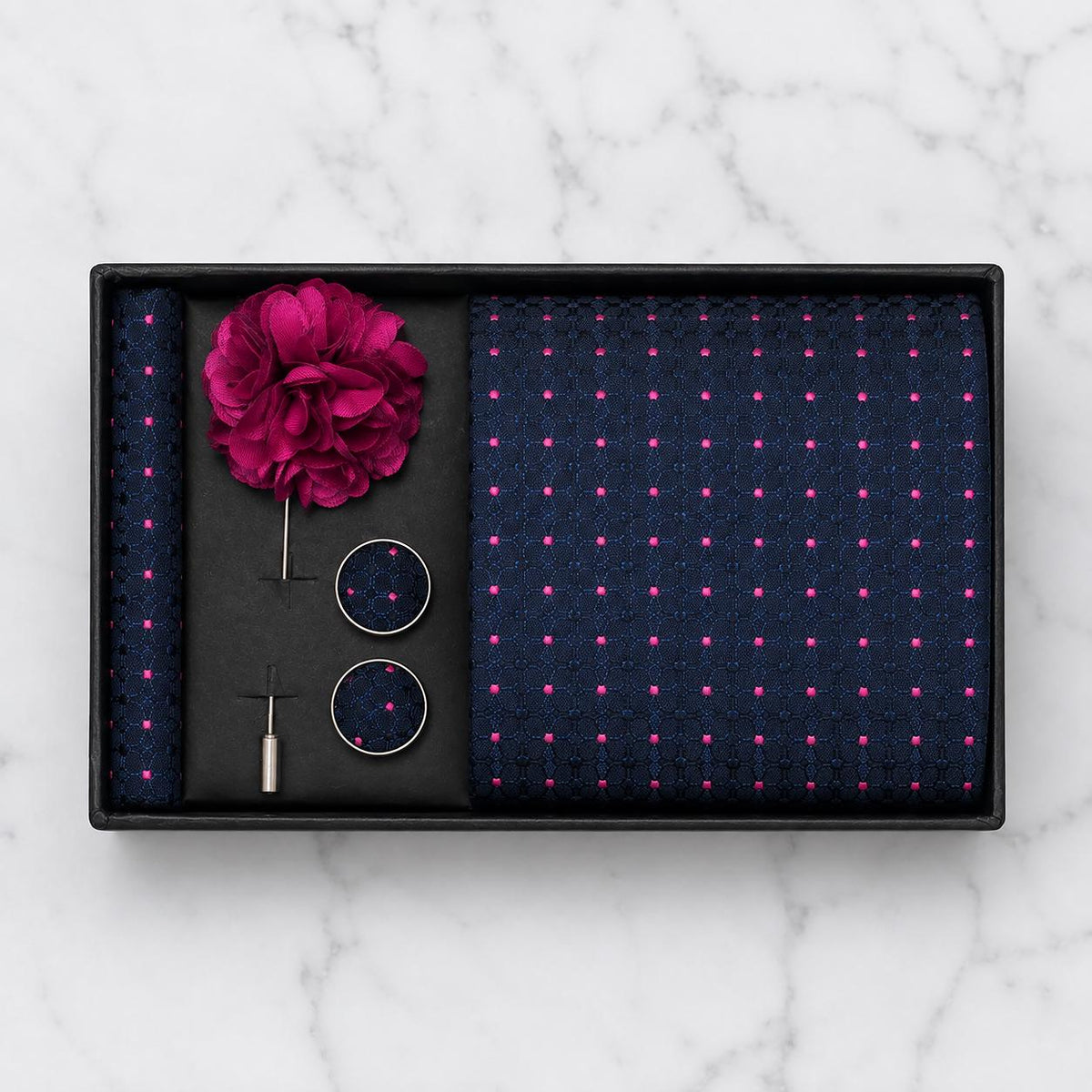 Navy Blue Tonal Geometric & Fuchsia Polka Dot Silk Tie Set / 4-Piece