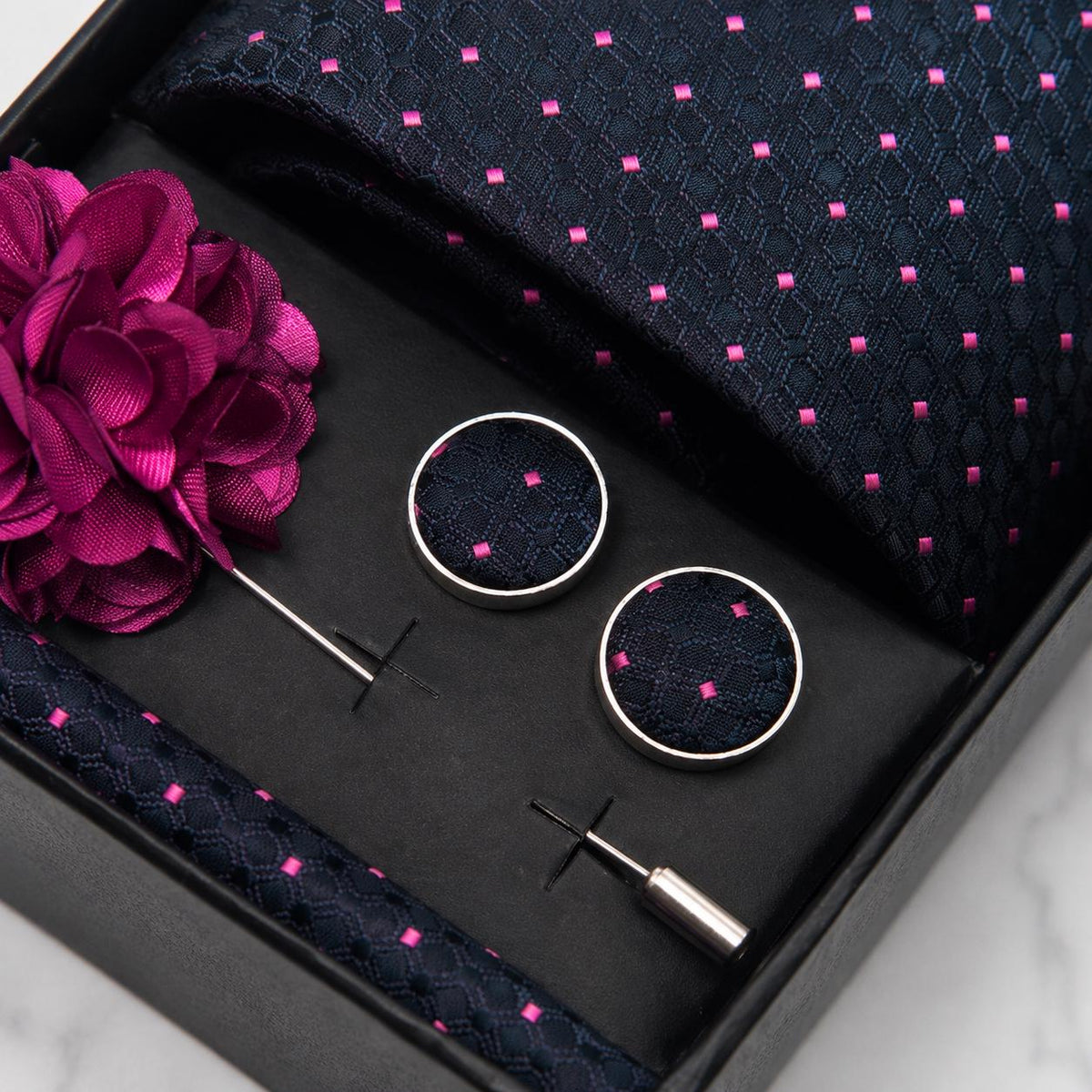 Navy Blue Tonal Geometric & Fuchsia Polka Dot Silk Tie Set / 4-Piece