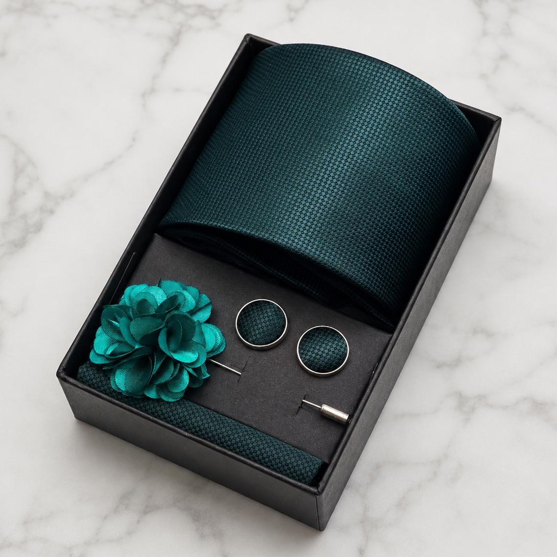 Deep Teal Textured Silk Tie Set / 4-Piece