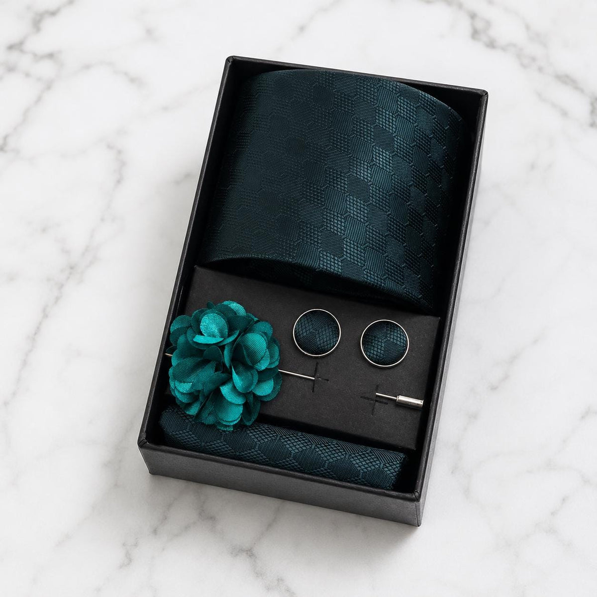 Deep Teal Tonal Diamond Geometric Silk Tie Set / 4-Piece