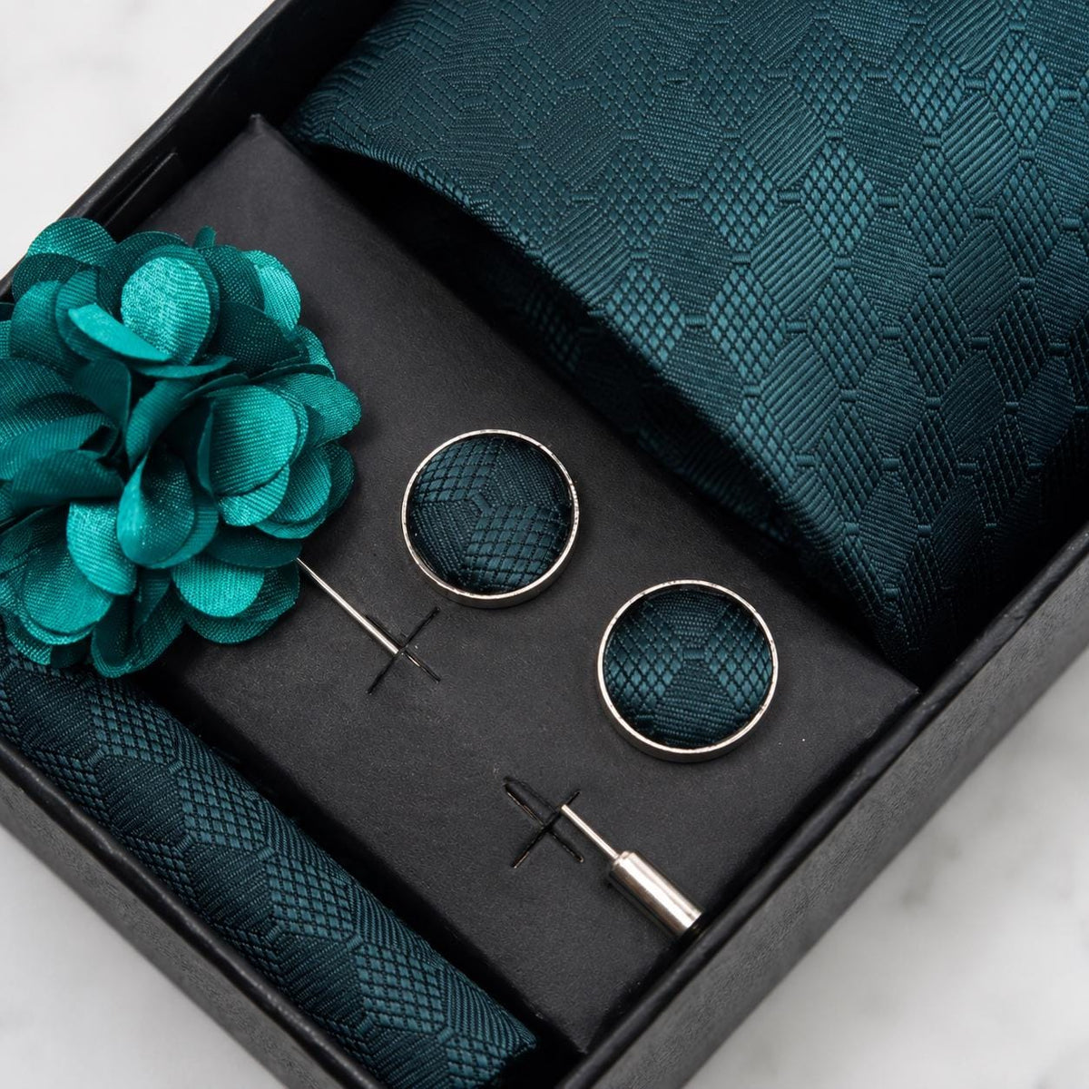Deep Teal Tonal Diamond Geometric Silk Tie Set / 4-Piece